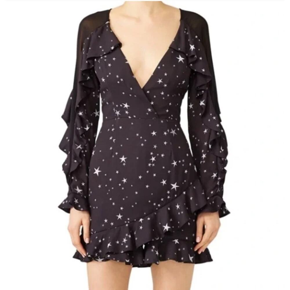 FAME & PARTNERS Black Midnight Star Print Ruffles Romper // 8